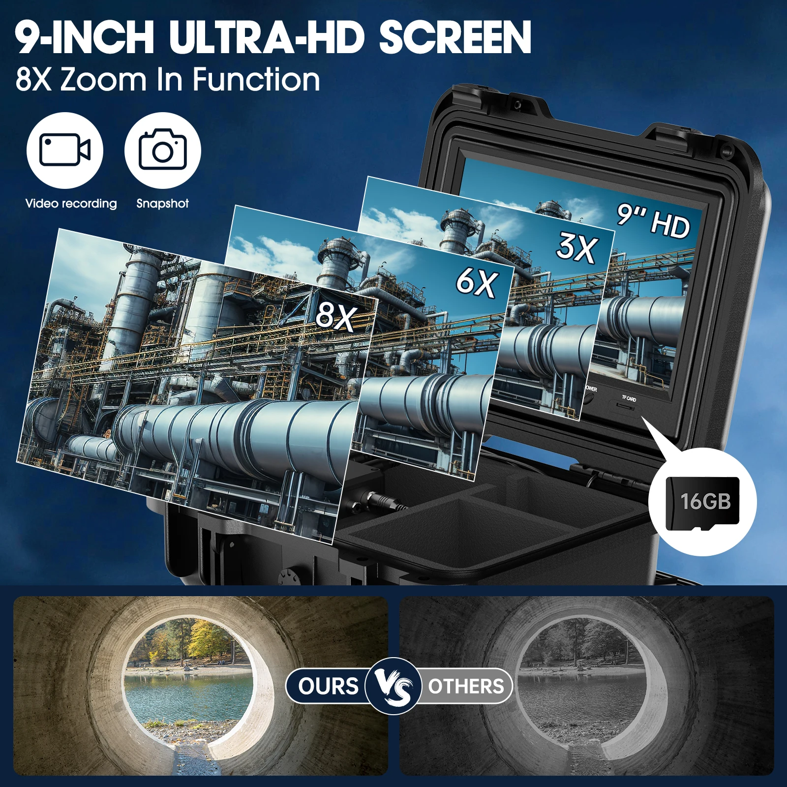 1080P 9-Inch Screen Industrial Endoscope Locator Night Vision Sewer CCTV Self-Leveling 512HZ Sonde DVR 16GB Sewer Camera CMOS