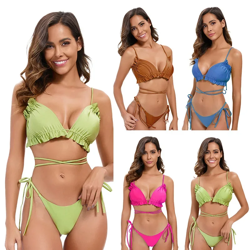 

Women's Solid Color Bikini Sexy Swimwear Bikini Triangle Top Strappy Backless Beachwear Adjustable Ties Bikinis Set