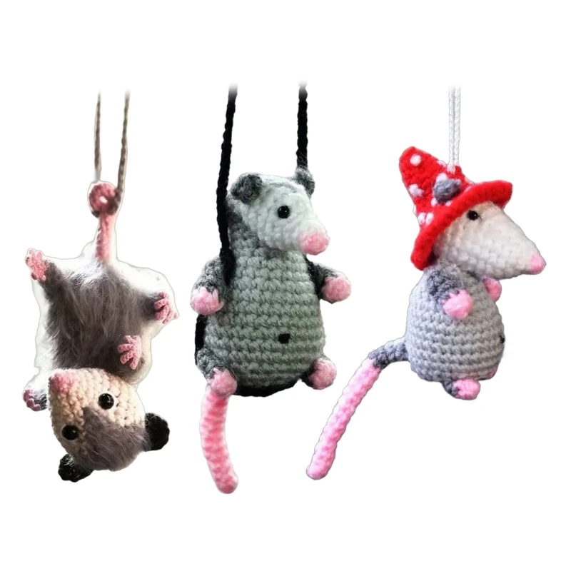 Crochet Opossum Pendant Car Rearview Knitted Hanging Ornament Automotive Interior Charm Decorations for Women Men