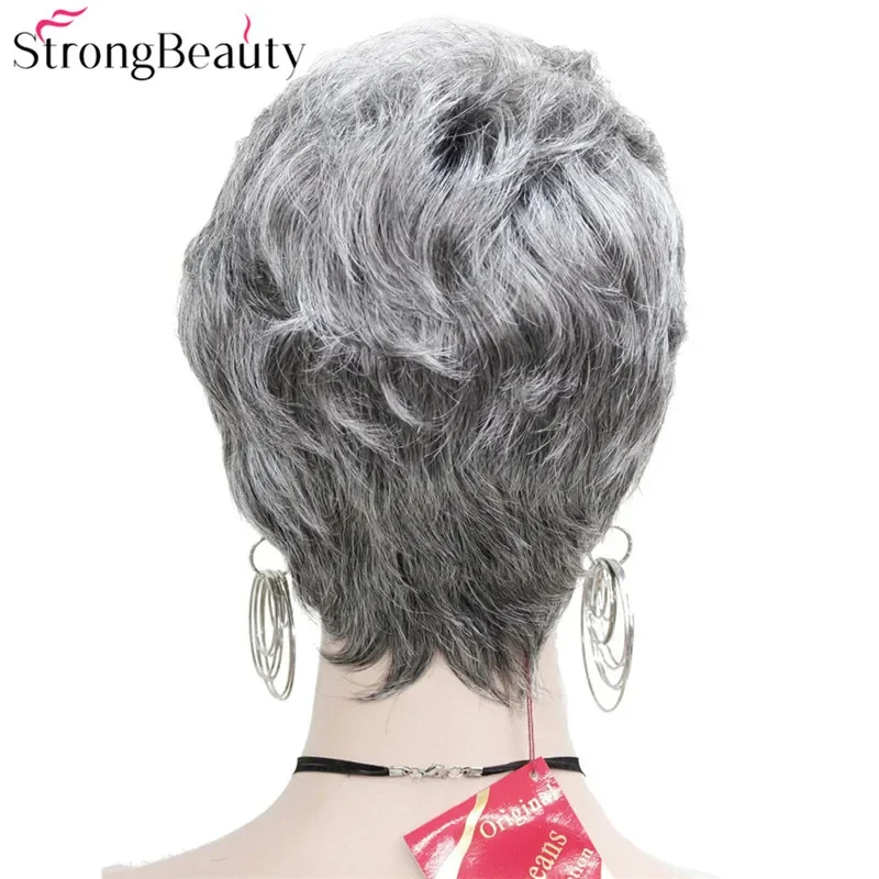 StrongBeauty Synthetic Short Straight Hair Puffy Natural Blonde/Silver Grey Wigs With Bangs Women Many Colors