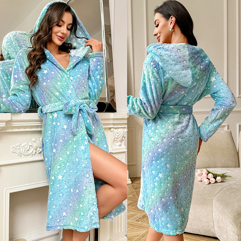 Women's Winter Plush Loose-fit Robe Long-sleeved Double-faced Velour Tie-waist Warm Nightwear Homewear Hooded Morning Robe