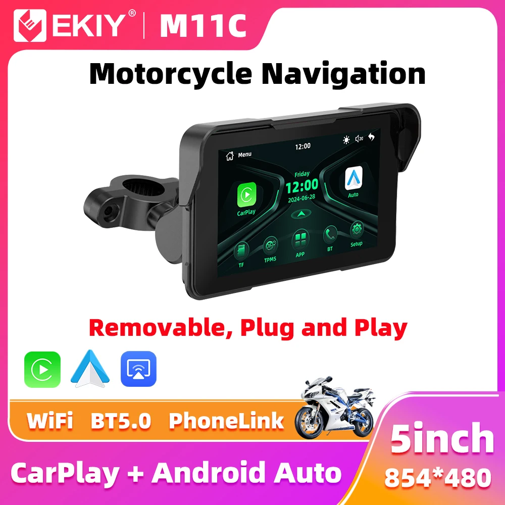 EKIY Wireless CarPlay Moto Android Auto 5 inch Portable Digital Motorcycle Dashboard GPS Motorcycle Navigation Display Screen