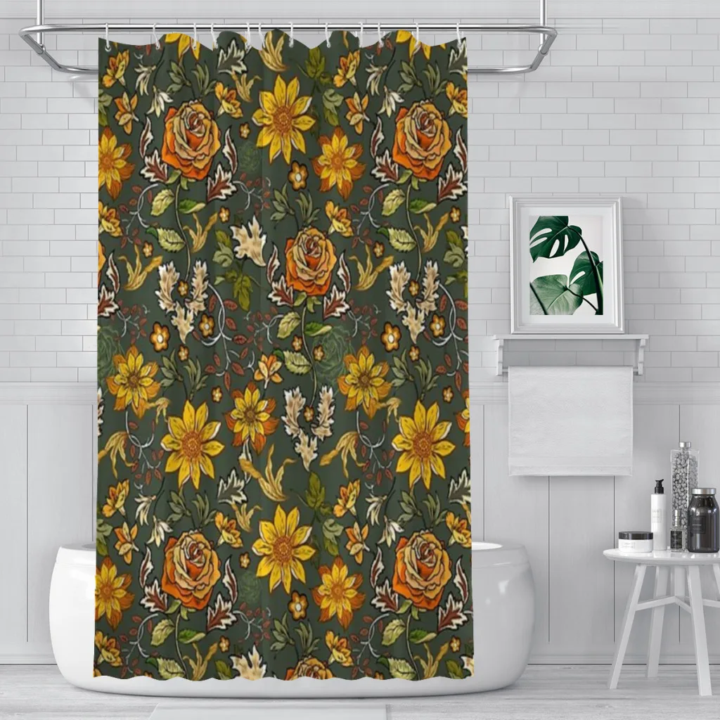 70s Vintage style, boho retro roses, William Morris inspired floral, orange and green Shower Curtain