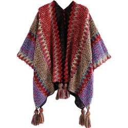 Poncho Knitted Cloak for Women, Ethnic Style Capes, Tassel Cardigan, Sweater, Color, Loose, Vintage, Striped, Travel Coat