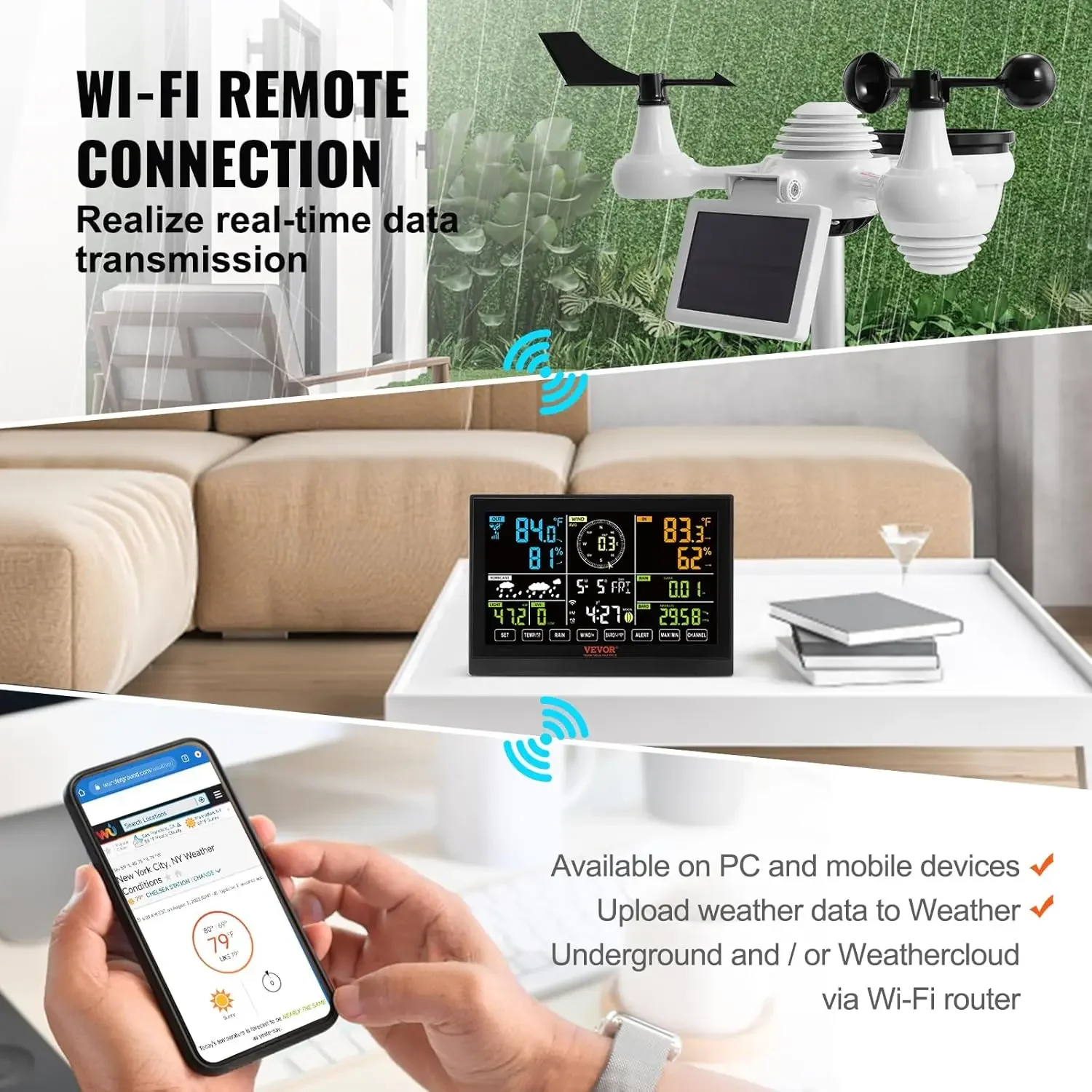 YT60234 WiFi Weather Station 7-in-1, Weather Stations WiFi Indoor Outdoor, 7.5" Color Display for Weather Forecast, Temperature