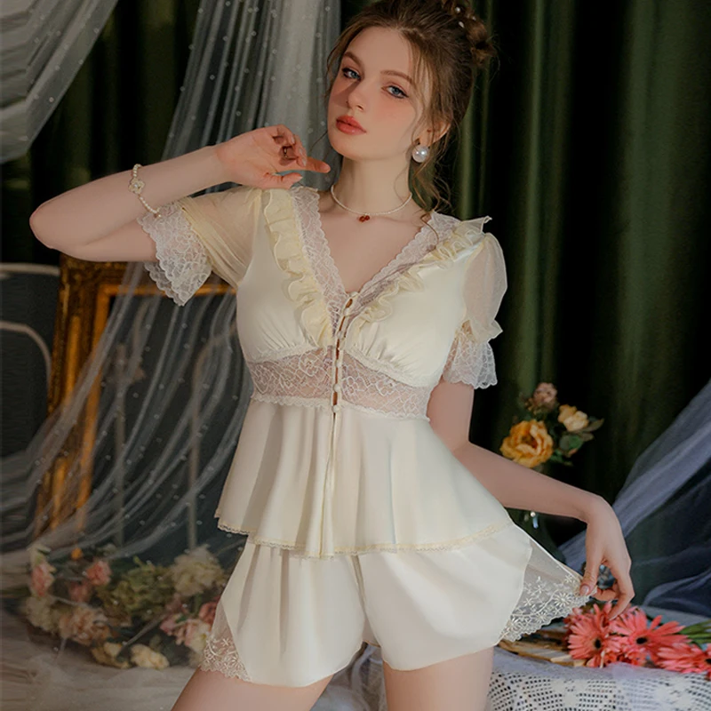 IRENE TINNIE Satin Patchwork lace Shirt Soft Nightgown Sexy See-Through Hollow Pajamas Tops And Shorts Women Sleepwear Two-Piece