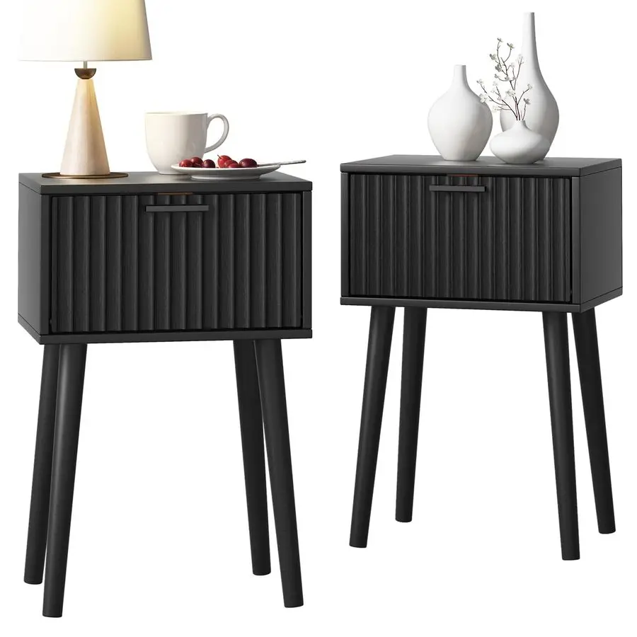 

Nightstands Set of 2, Small Side Table, Bedside Table with Fluted Door, Solid Wood Feet Modern MidCentury End Table for Bedroom