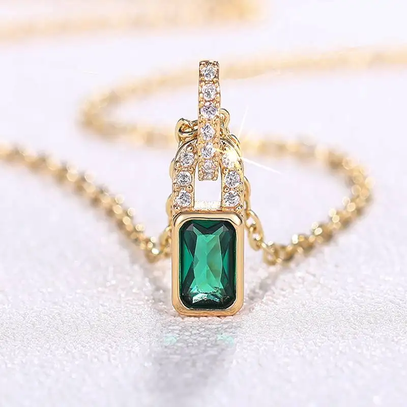 Huitan Creative Lock Shaped Green CZ Pendant Necklace for Women Exquisite Bridal Wedding Necklace Fancy Gift Statement Jewelry