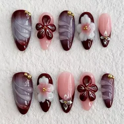 New 2025 Handmade Embossed Engraved Crimson Floral Style Fake Nails Manicure Press on Nails Fake Nail Send Nail Kit