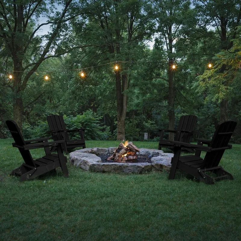 Folding Adirondack Chair, HDPE All-Weather Fire Pit Chairs, Plastic Adirondack Chairs with 2 Cup Holder, Outdoor Lawn Chair for