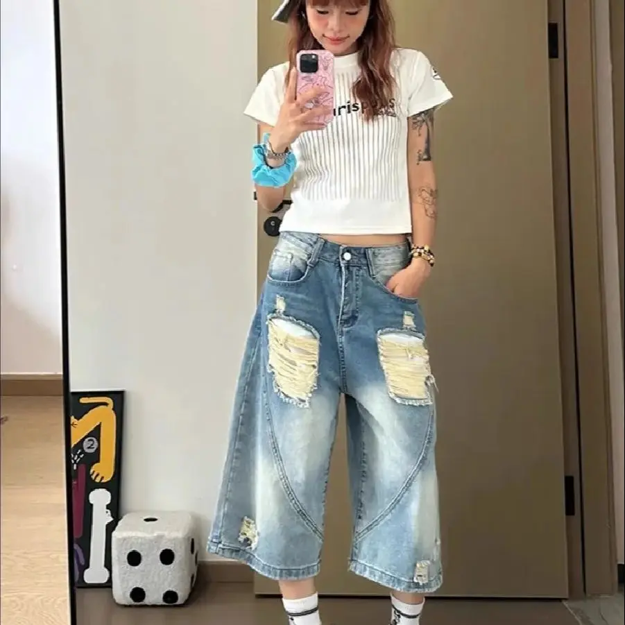 

American Retro Gradient Ripped Cropped Jeans Women'S Summer New Loose Scimitar Wide-Leg Sycamore Shorts