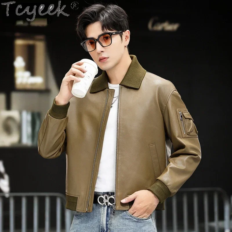 

Tcyeek Real Leather Jacket Men Spring Autumn Goatskin Coat Male Fashion New Motocycle Biker Jackets Man Clothing Loose Style