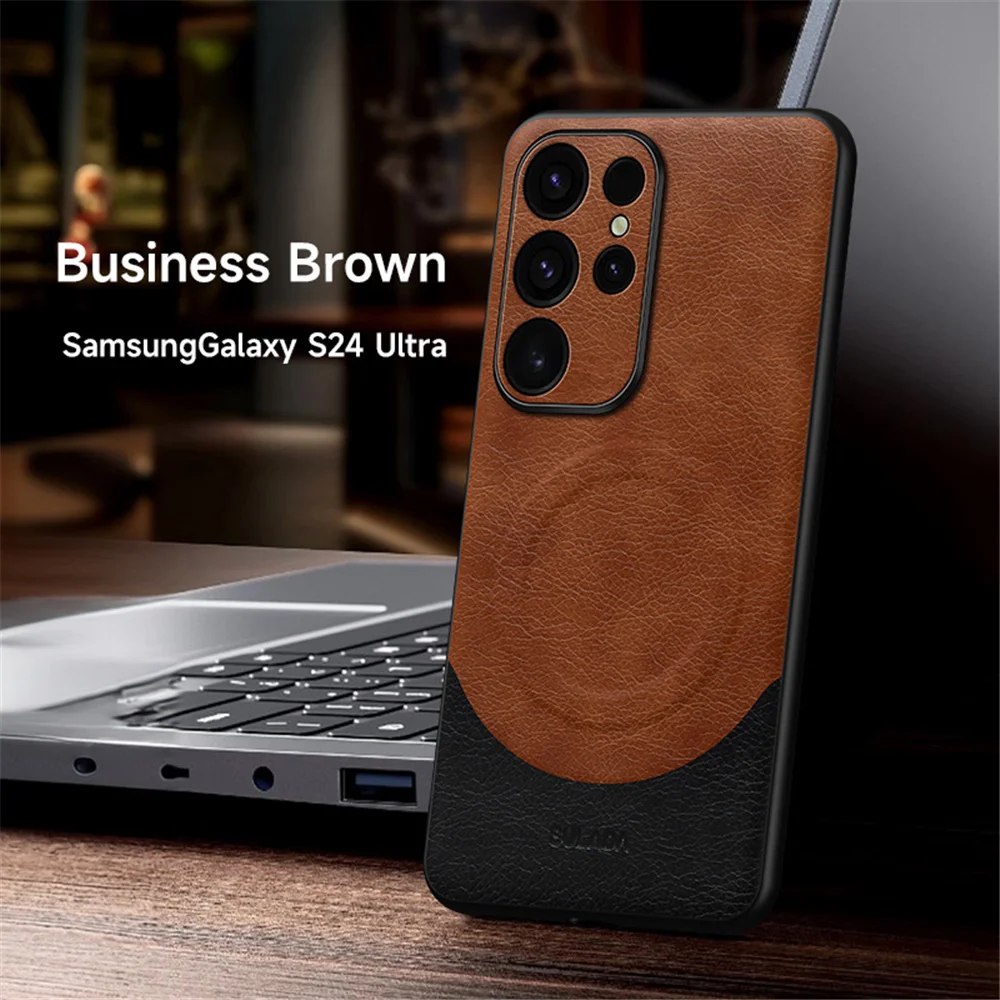 Leather Retro Gentleman Phone Case For Samsung S24plus S24ultra Protect For Samsung Galaxy S24 Magsafe Wireless Charging Cover