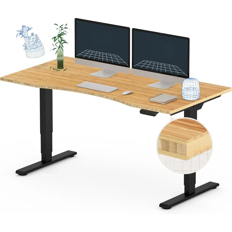 Bamboo 3 Stages Dual Motor Electric Standing Desk Contour Whole-Piece Board Height Adjustable Electric Stand Up Curved Desktop