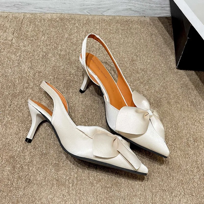 High Heel Sandals Women's Spring 2023 New Korean Version Thin Heel Pointed Toe Shallow Bow Tie Baotou Fashion Women's Sandals