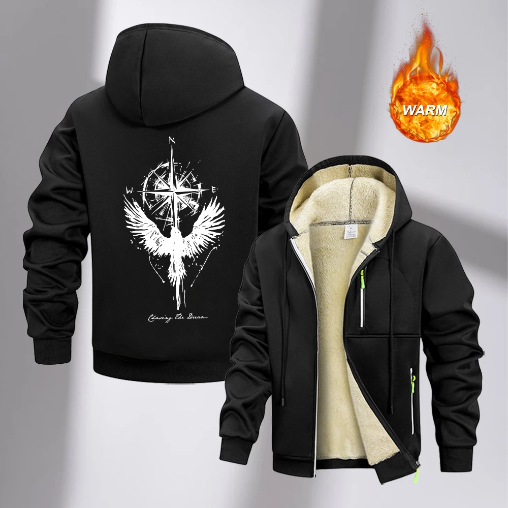 Men's Winter Thick Hoodies With Raven And Compass Print Warm Zipper Sweatshirt Casual Street Style Fashionable Commute Top