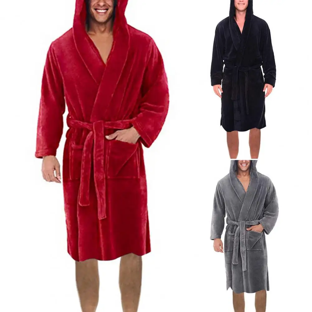 Robe Pajamas Skin-touching Pocket Open Stitch Male Thickened Plush Nightgown Robe Pajamas Men Bathrobe Anti-freeze