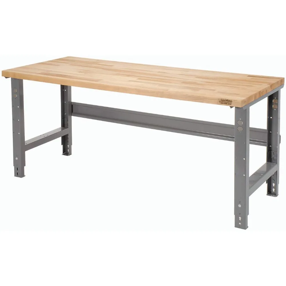 Adjustable Height Maple Butcher Block Square Edge Work Bench, Base plate allows for floor anchoring 60" W X 30" D, 1 3/4" Top