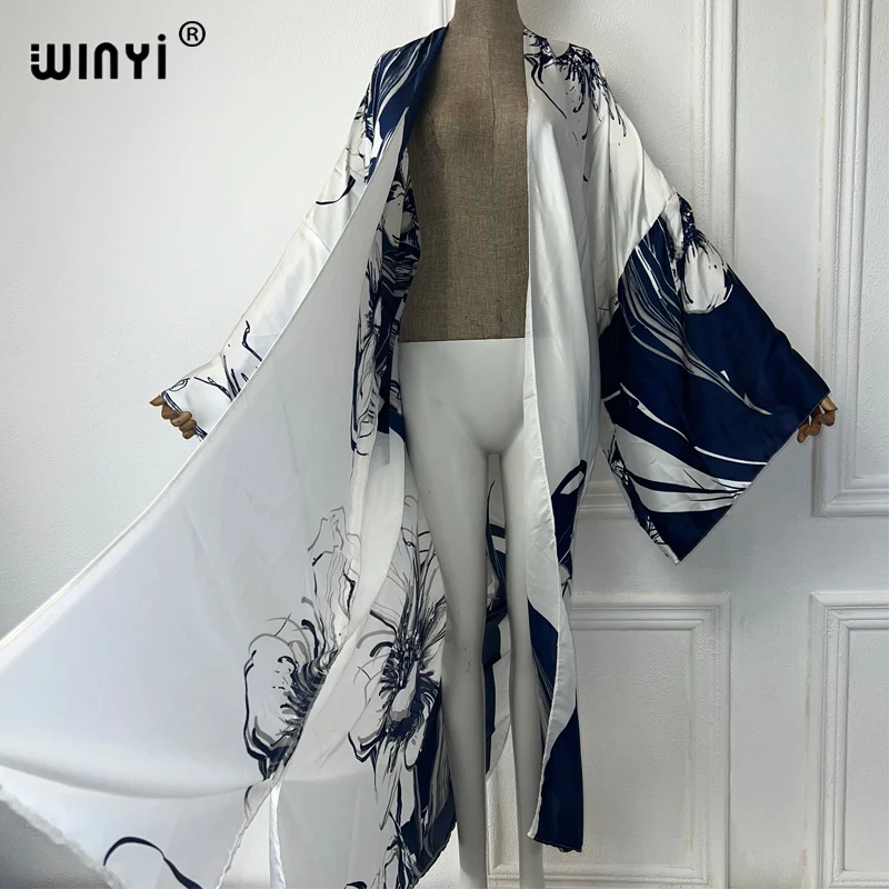 WINYI Afryka moda letnia sukienka kimono okrycie plażowe sweter boho maxi płaszcz abaje nowy nadruk kaftan odzież plażowa kobiety 2024