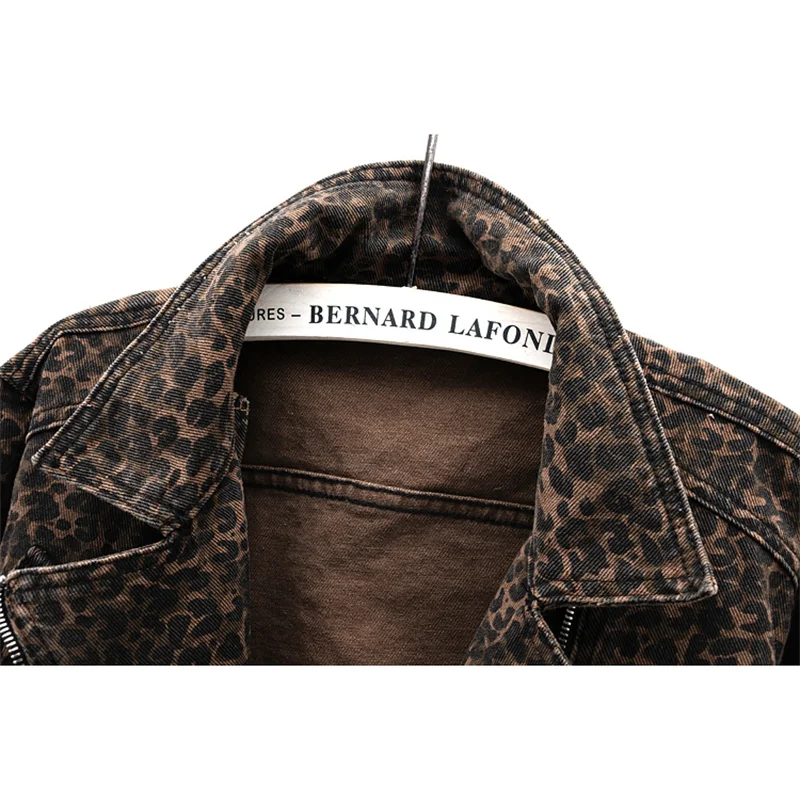 秋のヴィンテージレオパード柄スリムショートデニムジャケット レディース カウボーイアウター シャケット ムヘール カジュアルジッパー ジーンズジャケット 女性用