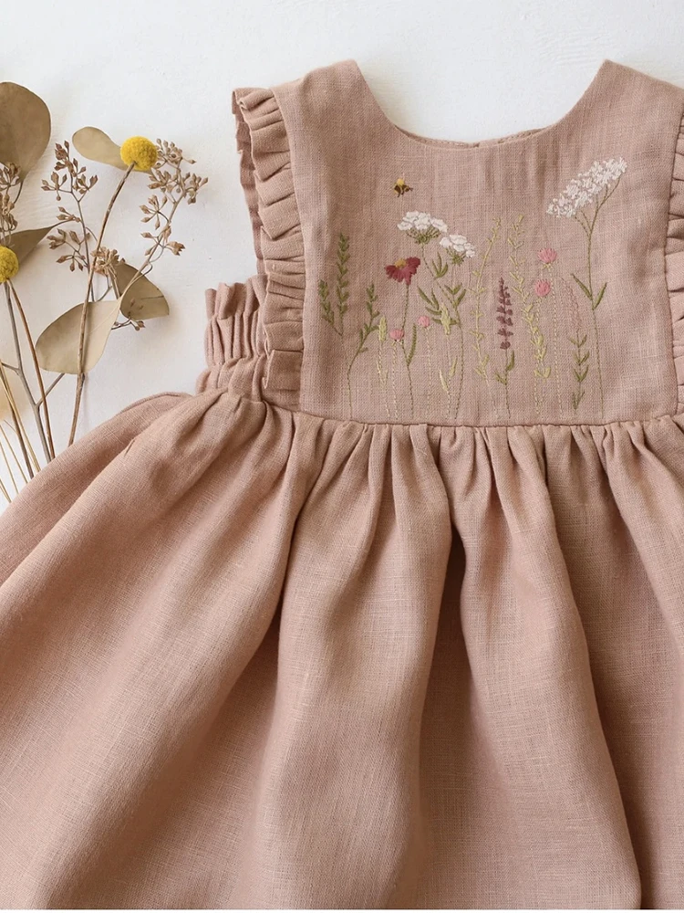 princess-style-embroidered-pure-linen-summer-new-arrival-children's-dress-soft-comfortable-breathable-anti-static-wear-resistant
