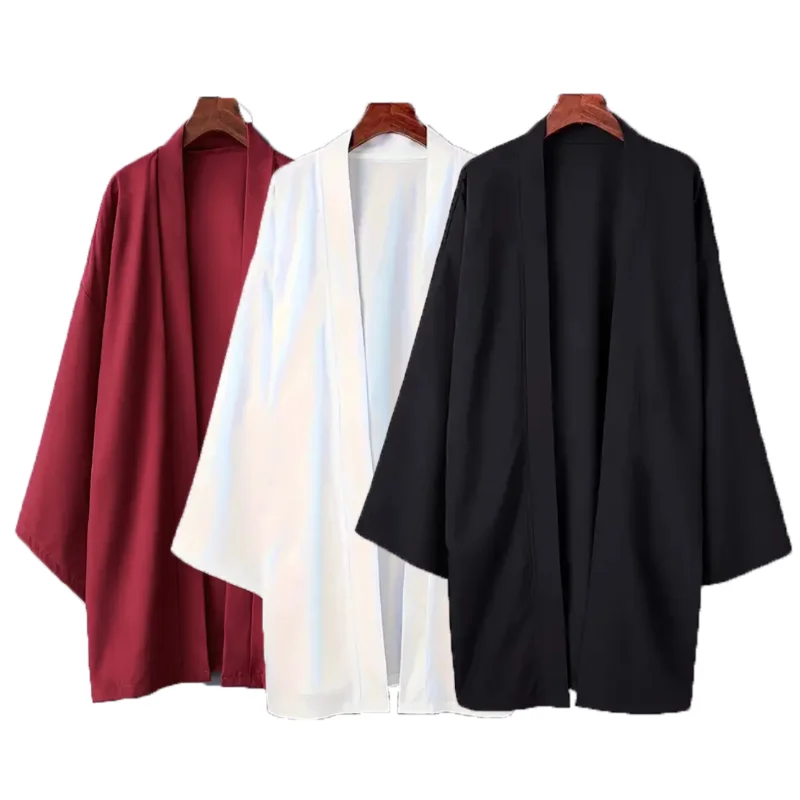 Men's Solid Color Long Sleeve Cardigan Long Kimono Shirt Asian Traditional Wear Yukata Haori Jacket Coat 6 Color Japanese Kimono