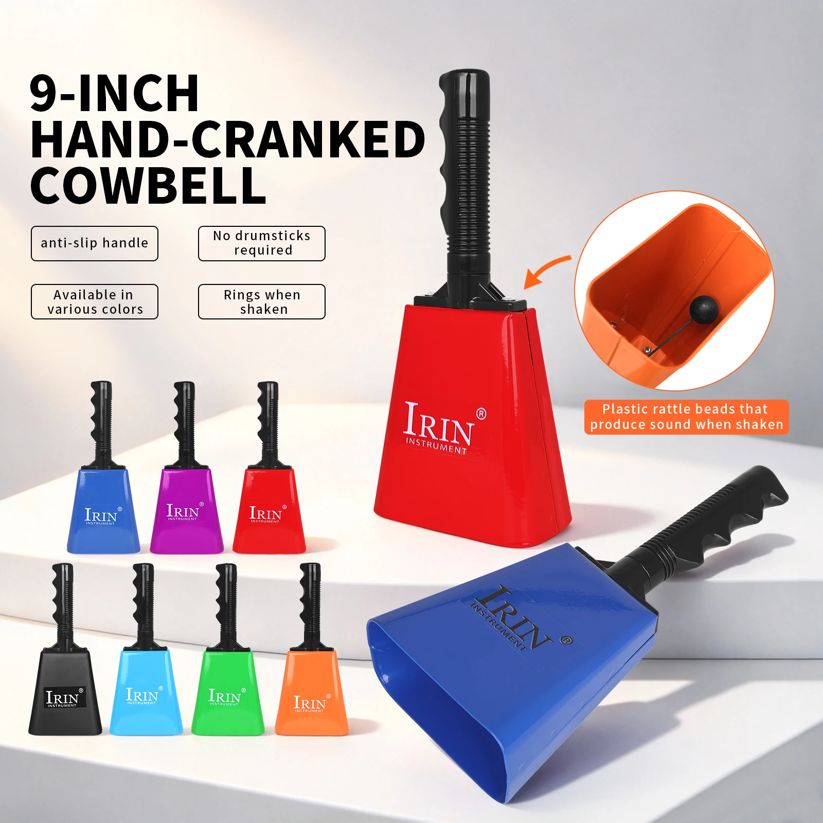 IRIN 9 Inch Cowbell Noise Makers Iron Decorations Hand Bells with Handle Sports Events Cheering Percussion Musical Instrument
