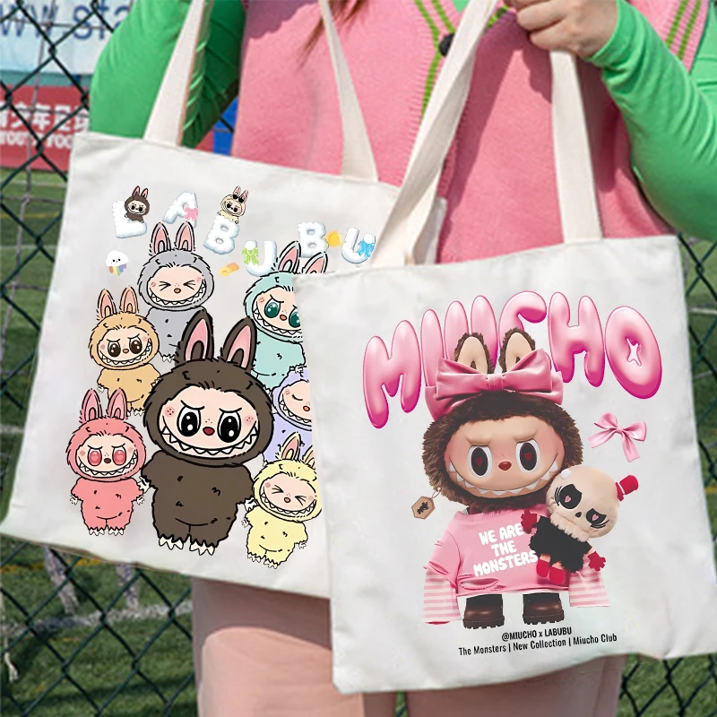 Labubu Underarm Shoulder Bag for Women POP MART Anime Cartoon High-capacity Handbag Girls Commute Portable Fashion Canvas Bags