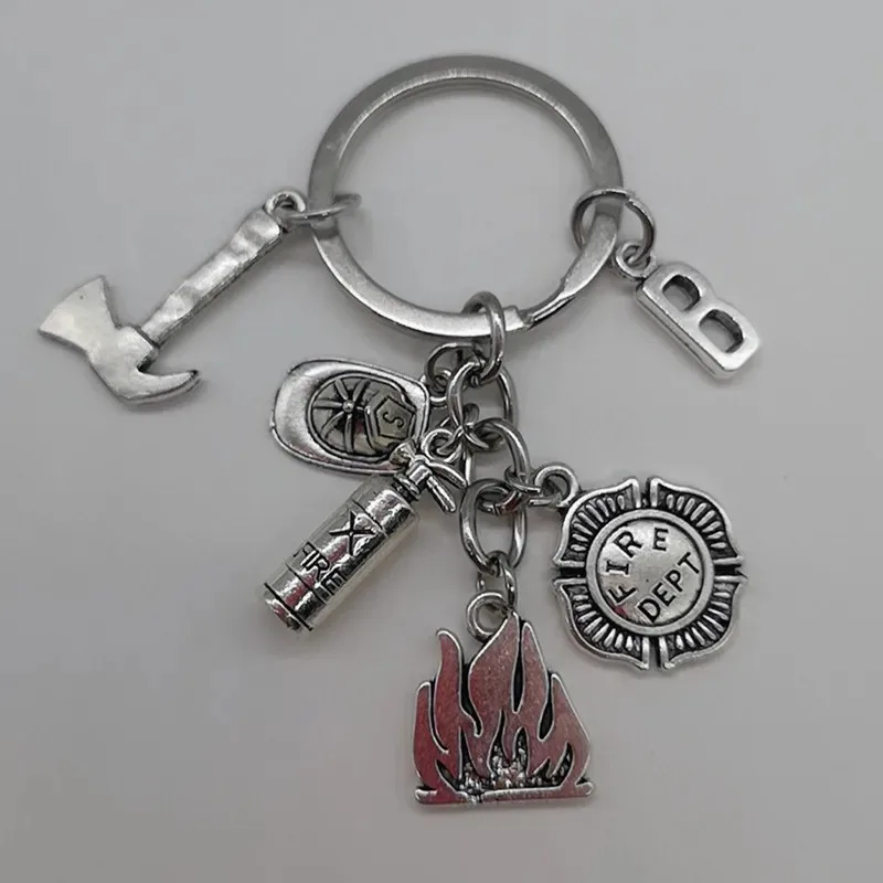 Fire-fighting professional keychain, zinc alloy fire axe, fire helmet, letter design pendant gift