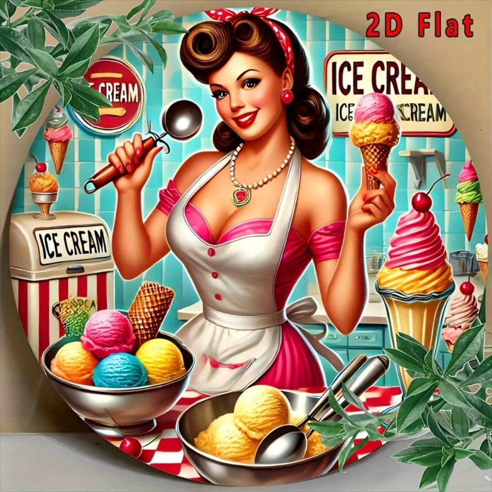 Panneau métallique plat 2D 1 pièce, crème glacée ronde résout tout", 8x8 pouces, parfait pour les fêtes, les bars, les cuisines et les aliments à domicile