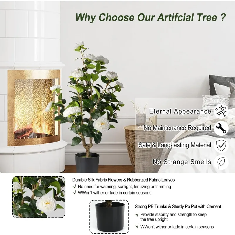 شجرة الكاميليا الاصطناعية 2 عبوة - نباتات الكاميليا الواقعية في وعاء مع زهور بيضاء، خضرة صناعية نابضة بالحياة لغرفة المعيشة، P