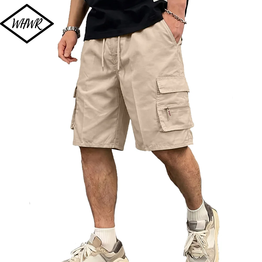 

Мужские прямые шорты-карго, легкие, дышащие, однотонные, с завязками на талии и карманами на молнии, повседневные летние шорты