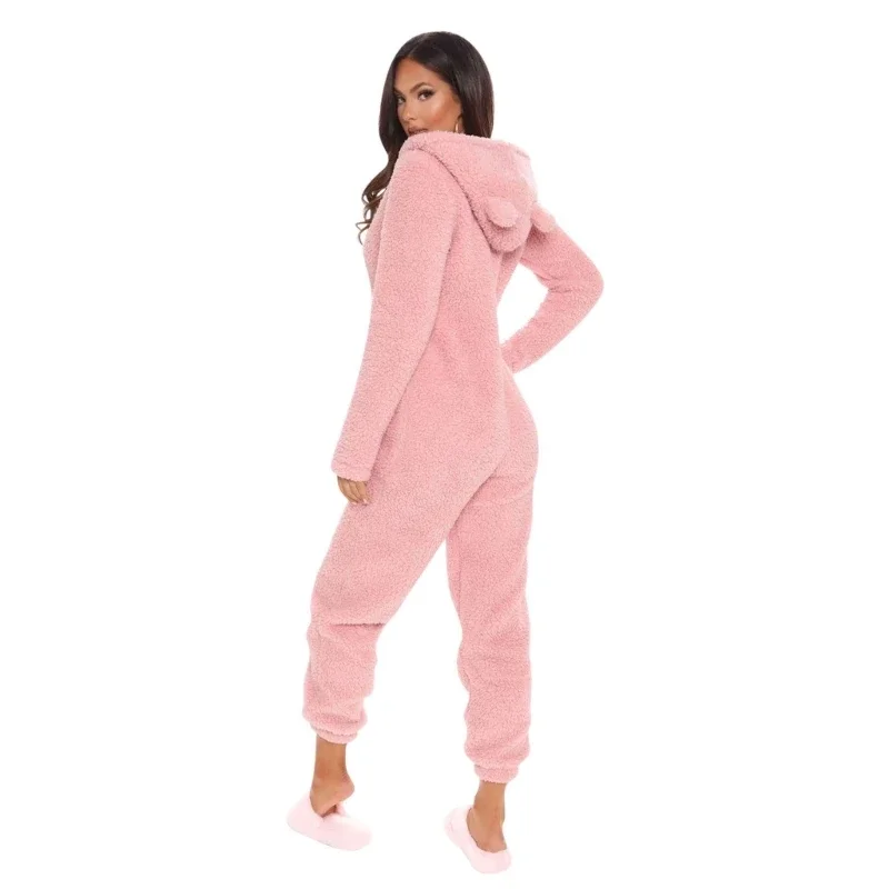 Womens Winter Warm Onesie Pajamas Fuzzy Fleece Zipper Up Bear Ear Hooded Romper Jumpsuits Sleepwear Loungewear