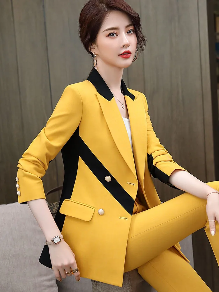 Yellow Contrast Color Women Suits Office Sets New Slim Long Sleeve Double Breasted Blazers Chic Casual Pants Suits