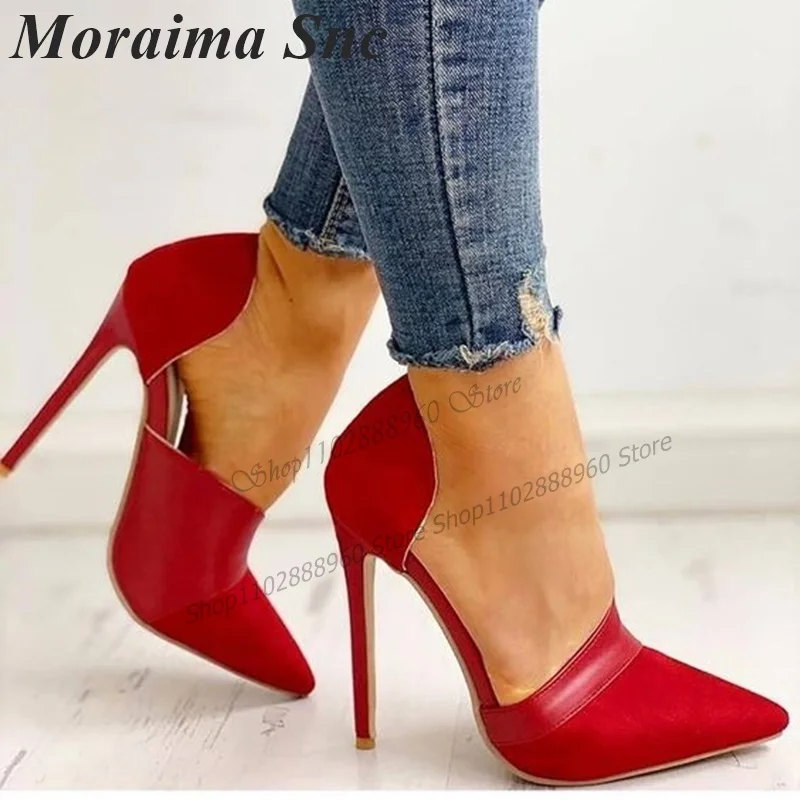 

Red Leather Flock Patchwork Pumps Cover Heel Stilettos High Heel Shoes For Women Slip-On Pointed Toe 2023 Zapatos Para Mujere