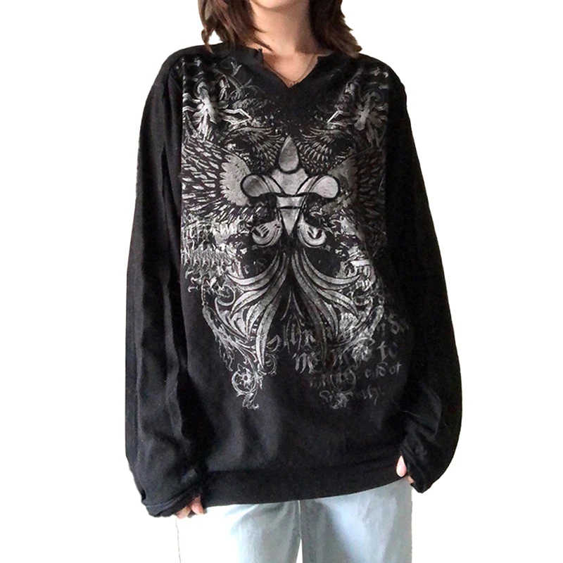 

Female Tops Adults Feathers Print V-Neck Long Sleeve T-Shirt Blouse for Spring Autumn Black S M L