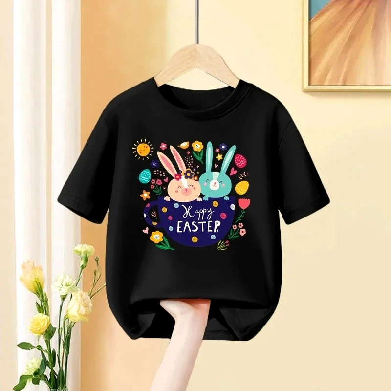 2026 New Girl Easter Day T-shirt Rabbit& Bunny Cartoon Clothes Children Short Sleeved Top Summer Funny Kids Tee Shirt 3-9T