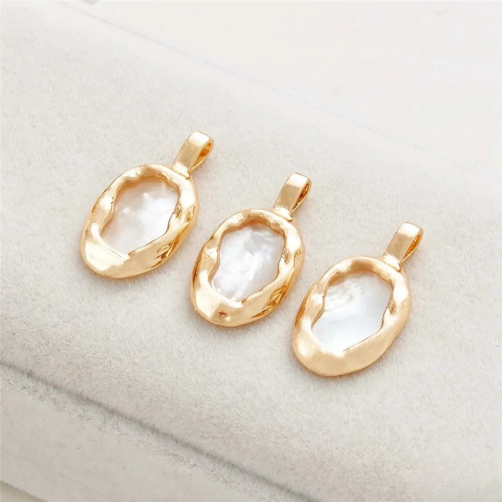 

14K Gold-wrapped Baroque Style Tag White Shell Pendant DIY Bracelet Necklace Hanging Jewelry Accessories