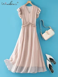 Winsleter, 100%Real Silk Elegant Dresses, Women Sleeveless VNeck Ruffles, Beach Vacation Dress, 2024 Summer Autumn New D46907QM