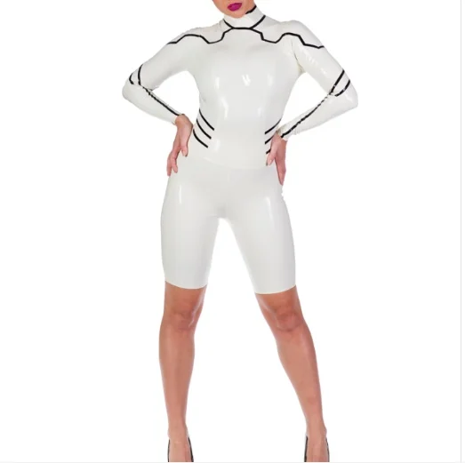 

Latex Rubber Catsuit Sport Tights Bodysuit Gummi Zentai Cosplay Jumpsuit with Black Stripes 0.4mm