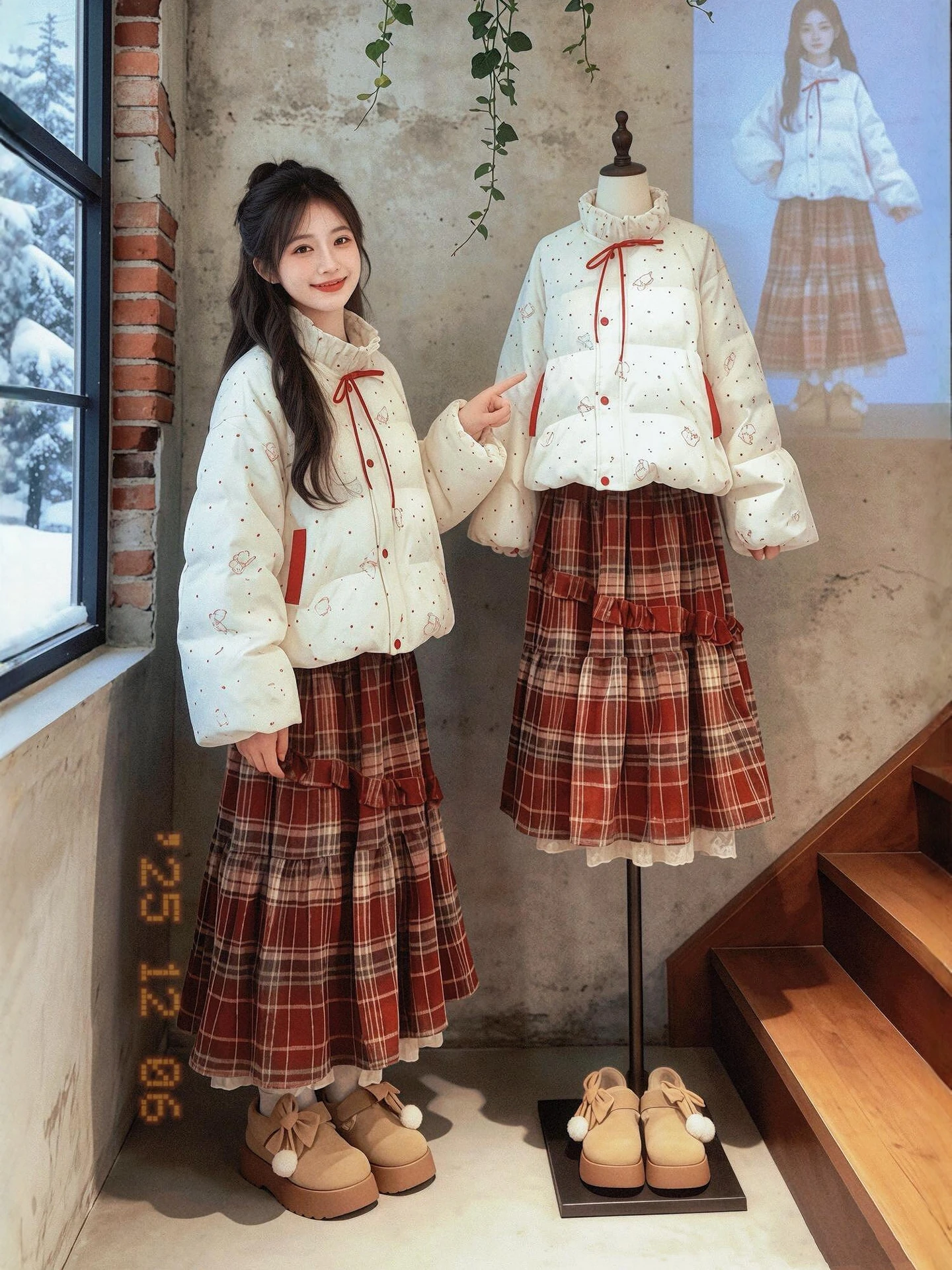 

Winter Warm Cotton Jaet And Plaid Skirt Set for plus Size Women Cisas New Year Cute Outfit Retro Sle High Waist Skirt