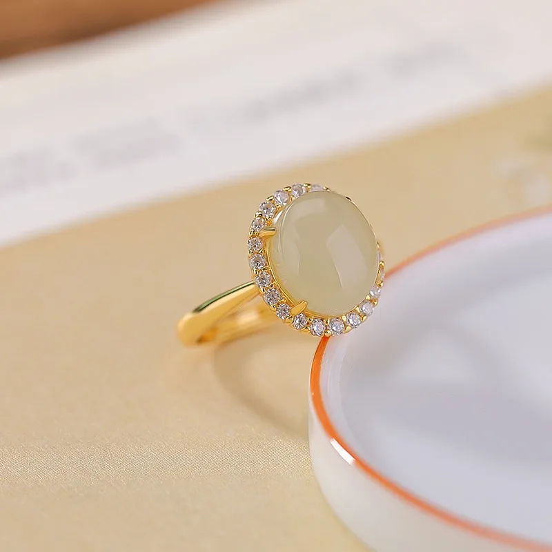 

TIMESWIND Light Green Natural Hetian Jade S925 Oval Zircon Women Open Ring with Certificate
