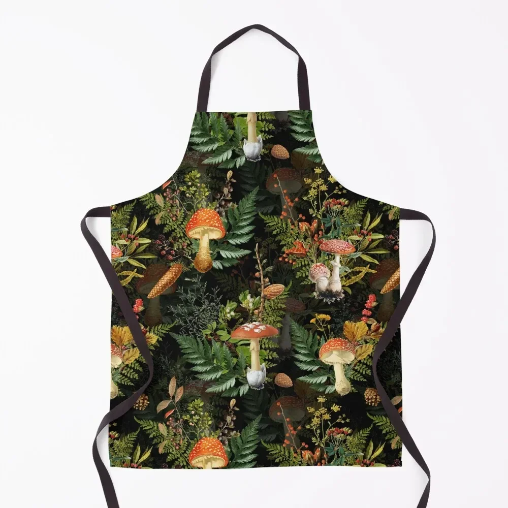 

vintage midnight toadstools in the forest Botanical Night Garden on black Apron Smock for hairdressing Waiter Uniforms Apron