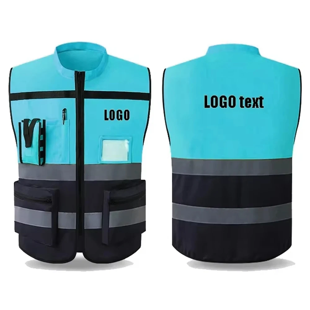 Benutzerdefinierte Logo-Sicherheitswesten mit Taschen und Reißverschluss, Arbeitskleidung für den Bau, gut sichtbare Sicherheitskleidung