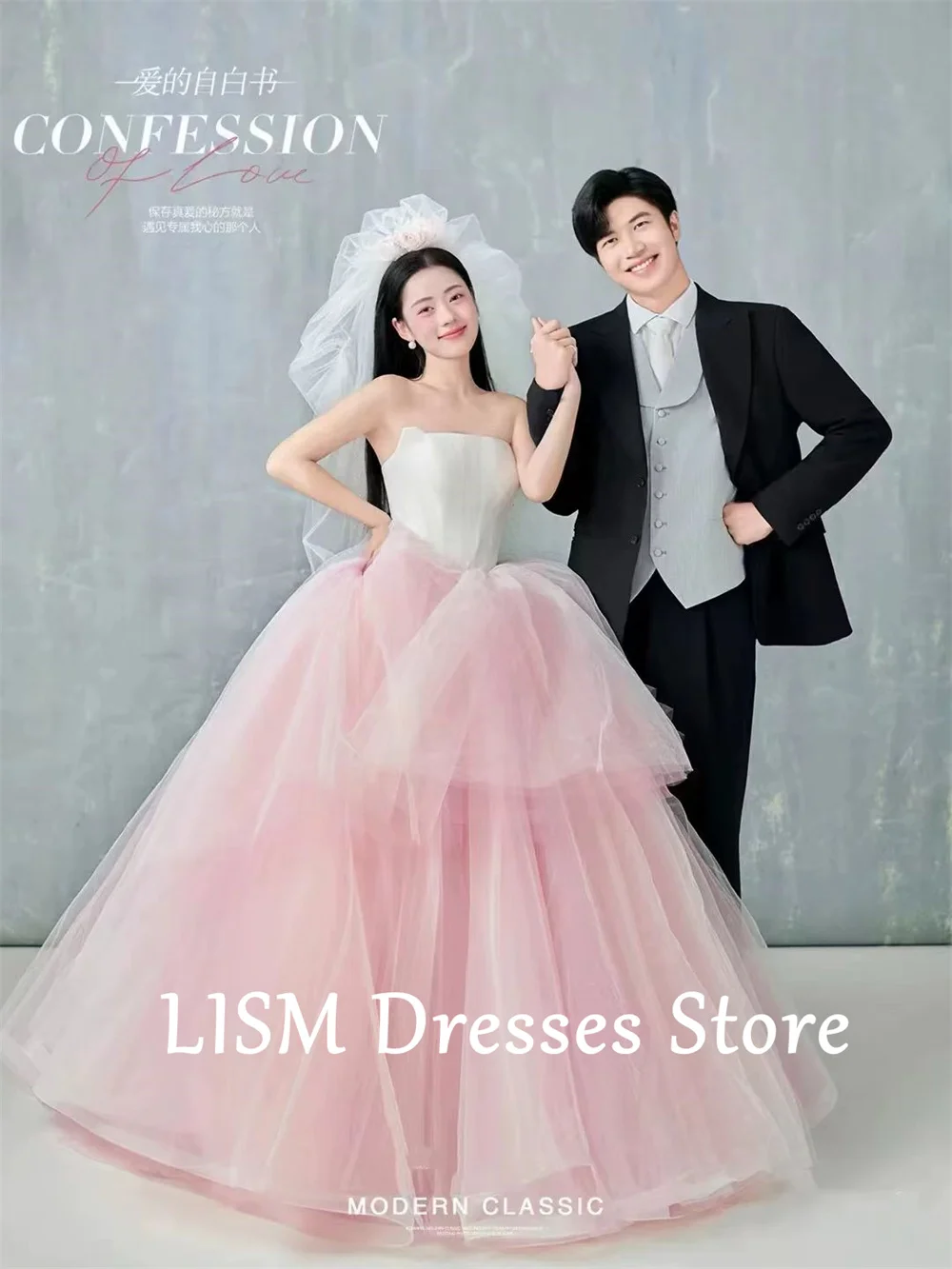 LISM Princess Pink Wedding Dresses Strapless A-line Bridal Ball Gown Sleeveless Custom Made Elegant Korea Photo Shoot Dresses