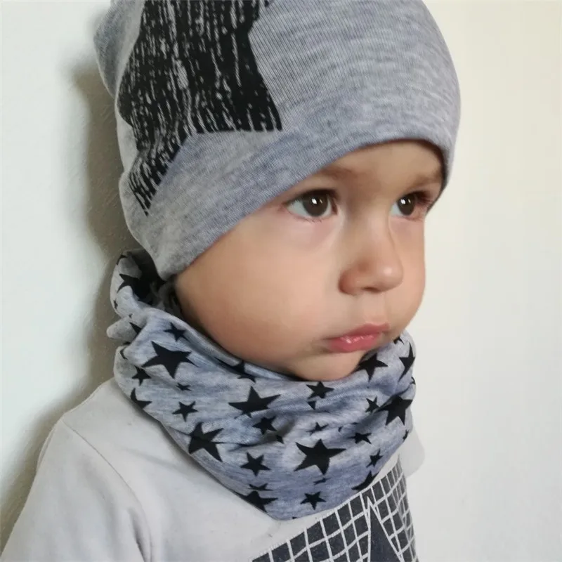 Spring Autumn 2PCS Baby Beanie Hat Scarf Stars Print Warm Toddler Hat Scarf for Girls and Boys Infant Hats Set Kids Skull Caps