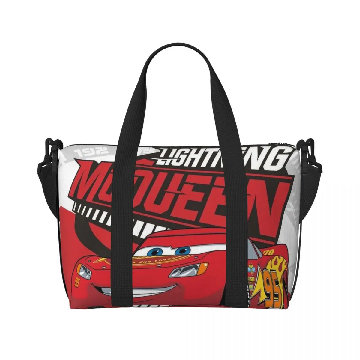 Custom Lightning Mcqueen Beach Tote Bag for Women Cars Large Compartment Gym Beach Travel Bags