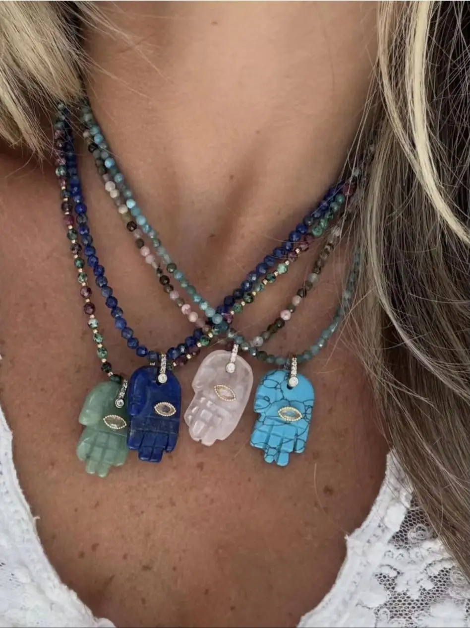 2026 popular Bohemian style Devil's Eye Buddha Hand Pendant natural stone beads chain Necklace go to Beach Travel Accessories