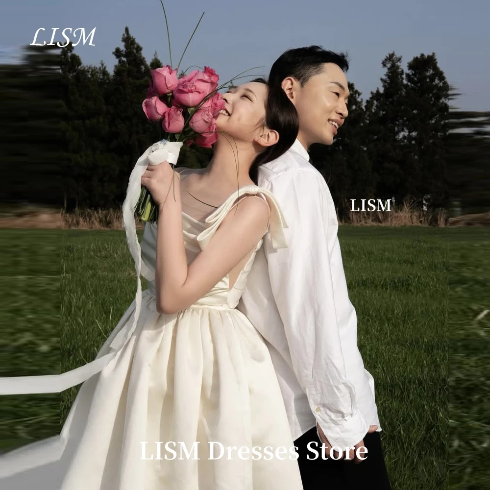

LISM Square Collar A-Line Simple Korea Wedding Dresses Satin Long Sweet Bridal Gowns Customize Corsets 웨딩드레스 Photo Shoot