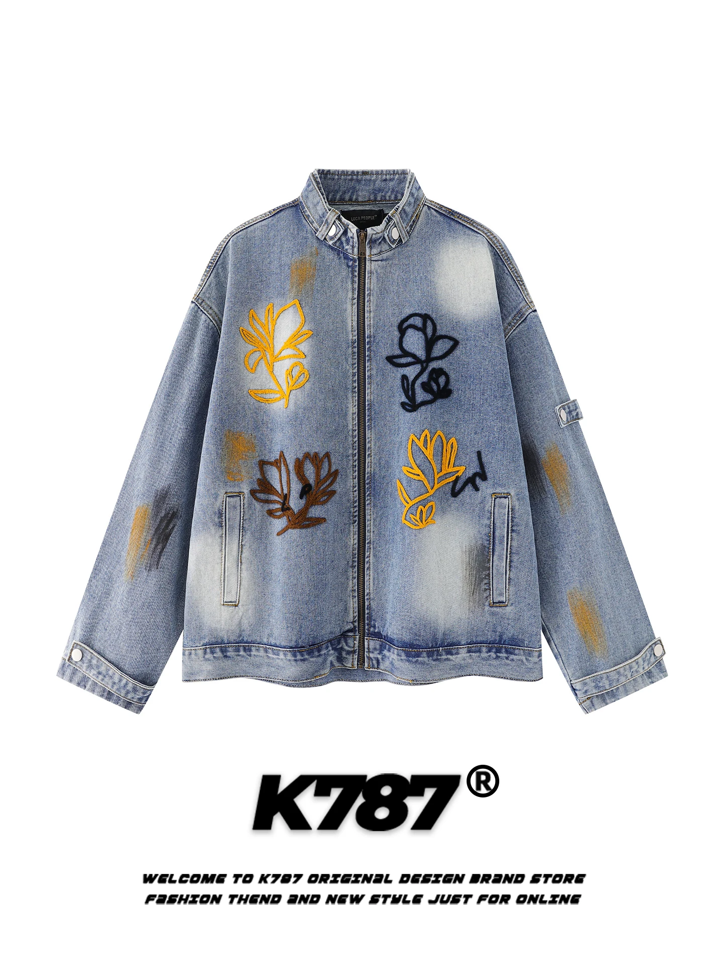 

Retro American Floral Embroidery Stand Collar Jaet Loose Casual Trendy Brand Faded Zipper Coat for Men And Women